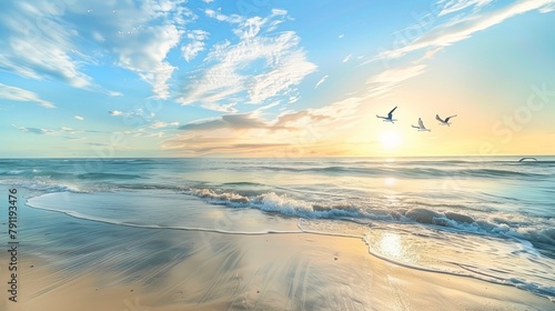 A pristine beach at sunrise, with soft waves lapping against the shore and seagulls soaring in the sky, embodying tranquility by the sea.