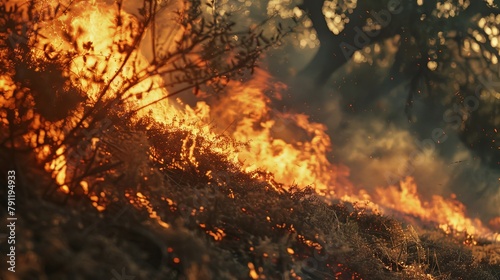 Close-up of a wildfire spreading rapidly through dry underbrush, fueled by high winds and dry conditions, posing a threat to the surrounding ecosystem.