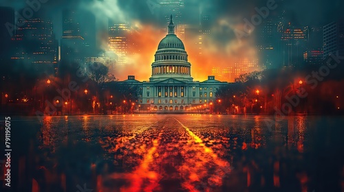 Fiery Reflection of the Capitol Building at Dusk