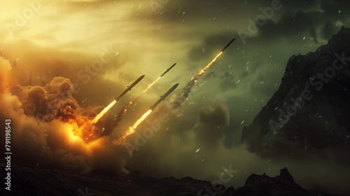 Apocalyptic wallpaper of destructive military power, with nuclear missiles being launched, leaving a trail of fire and smoke against a background of gray clouds. Third World War