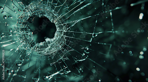 Shattered glass with central hole, intricate crack patterns against dark backdrop, conveying abrupt impact. Broken window with a dark forest in the background