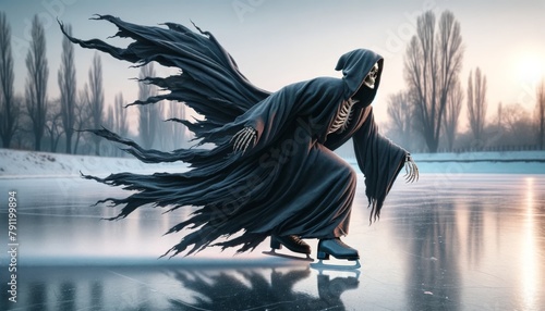 The Grim Reaper ice skating on a frozen lake, wearing a black cloak razvevaiushchimsia behind him.