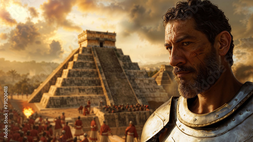 Epic historical scene of a victorious Spanish conquistador after the conquest of Tenochtitlan against the Aztec Empire, with the Mayan stepped pyramid in the background under a golden sunset sky