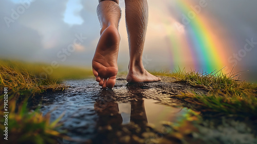 person walking barefoot on a wet path towards a distant rainbow, symbolizing pursuit or chasing rainbows