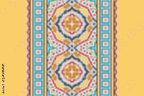 Ethnic pixel geometric seamless pattern with paisley on beige background. Native oriental cross stitch knitting design for fabric, decoration, wallpaper, border decor, element, texture, textile, print