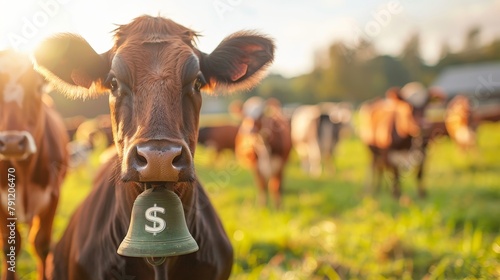 Cow wearing a bell with a dollar sign on it, representing the value of each animal