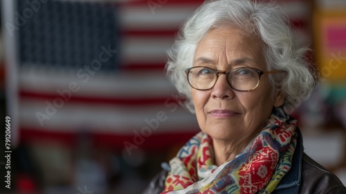 An elderly female American voter is portrayed standing in front of the American flag in a portrait, symbolizing civic engagement