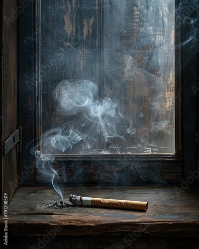 Smoldering cigarette with smoke rising, positioned on a vintage wooden table, evoking a sense of nostalgia and contemplation