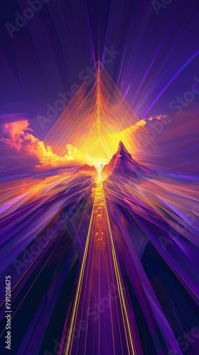 simple lines grow vertically into summit peak, Abstract art, positive energy, geometric parallel lines, dramatic light, purples, yellows