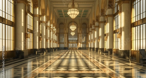 Art Deco train station with elegant geometric patterns and brass fixtures