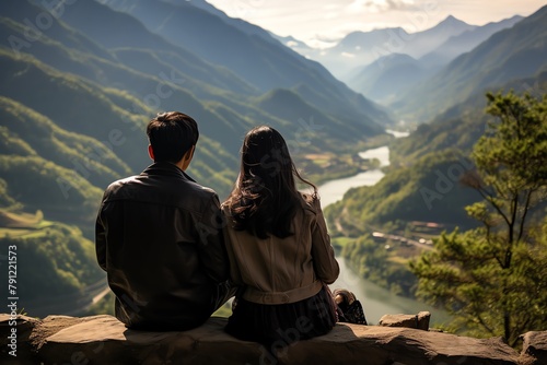 Asian couple enjoying a quiet moment on a mountain overlook, nature and relationship, serene view