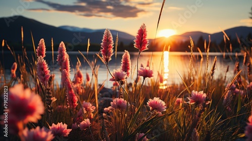 Meadow with pink flowers at sunset on Lake
