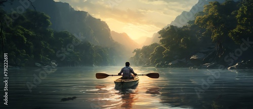 Asian man kayaking in a tranquil river, exploring waterways, adventure and solitude