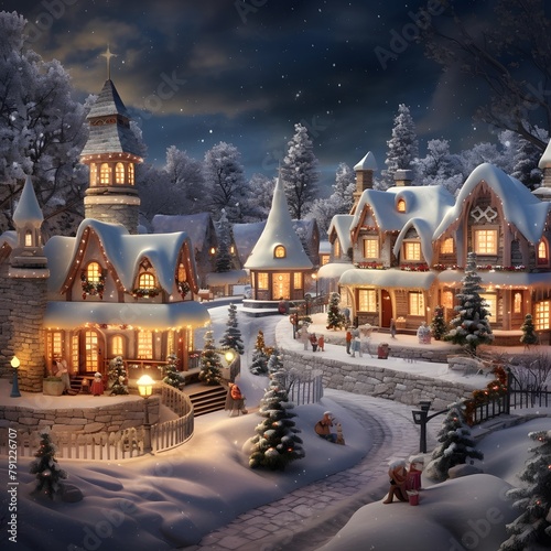 Christmas and New Year background with winter village in the snow. 3d rendering