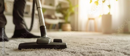 A person diligently cleaning the carpet with a vacuum cleaner, removing dirt and dust particles effortlessly