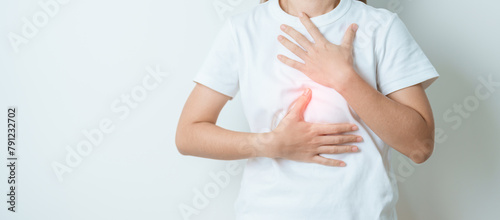 Gastroesophageal Reflux Disease or GERD, Acid reflux disease, Gastro Oesophageal or GORD and Dyspepsia concept. woman having Stomach ache and Esophageal pain due to Digestion system problem