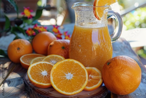 A pitcher of freshly squeezed orange juice with sliced oranges