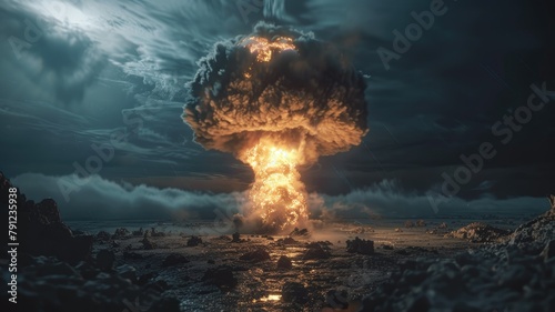 Majestic nuclear explosion under dark clouds - A high-impact image depicting a large nuclear explosion rising majestically amidst a desolate landscape, under a dramatic sky