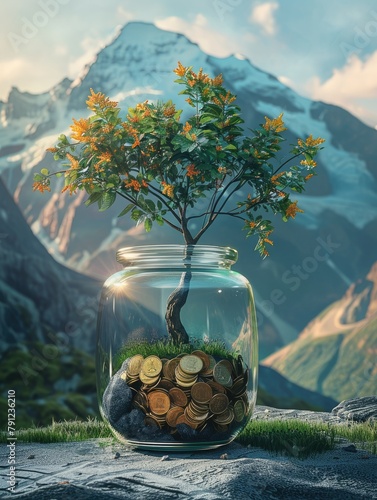 Conceptual tree growing in a money jar - A photorealistic of a tree growing in a glass jar filled with coins, symbolizing growth and financial success