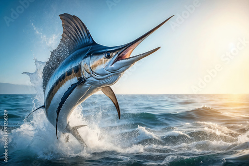 A majestic marlin leaps dynamically from the ocean, its spear-like upper jaw and vivid stripes catching the sunlight against a backdrop of the open sea and a clear sky.