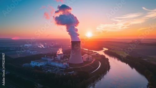 Industrial power plant emitting smoke at sunset - A striking image captures an industrial power plant's smoke blending with the sunset, symbolizing industry and environment