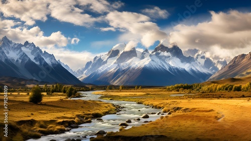 Panoramic view of New Zealand alps and river at sunset