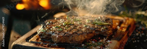 Sizzling steak on wooden board with smoke - Juicy steak with fresh herbs on a cutting board, smoke rising from the surface, captured in high definition, portraying warmth and taste