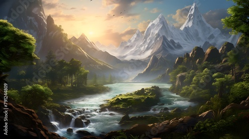 Panorama of a beautiful mountain landscape with a river in the foreground