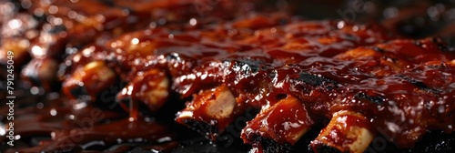 Tender ribs covered in sticky BBQ sauce - Tender, fall-off-the-bone ribs bask in a sheen of sticky barbecue sauce as they cook to perfection