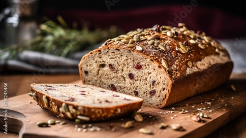 Close-up of whole grain sourdough bread, showcasing the seeds and nuts crust, on a wooden cutting board, symbolizing health. 