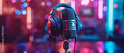 A close shot of microphone and headphone for podcast with a neon light backdrop as decoration with a big space for text or product advertisement background, Generative AI.