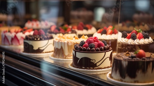 Close-up of a refrigerated showcase filled with decadent cheesecakes and tortes, each elegantly decorated, in a high-end bakery. 