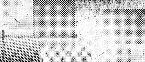 Halftone grunge punk texture. Abstract dotted glitch background. Distorted scratches, splashes and dots wallpaper for brochure, banner, poster, flyer, print, overlay. Distress vector backdrop