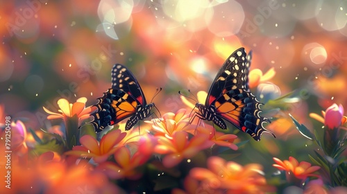 Butterflies Fluttering Over Vibrant Flowers. Delicate butterflies with striking patterns flutter above vibrant flowers on a dreamy, sunlit day.