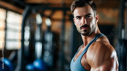 A fit handsome muscle man lifts weights in a gym, showing off his muscular physique