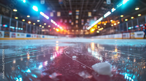 Empty professional ice hockey rink with lights