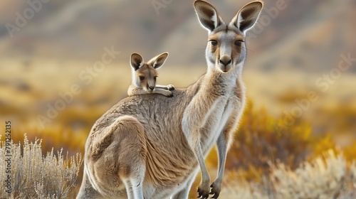 Kangaroo and Joey in Golden Australian Bush. Kangaroo with a joey in her pouch stands in the golden brush of the Australian outback, embodying the essence of the wilderness.