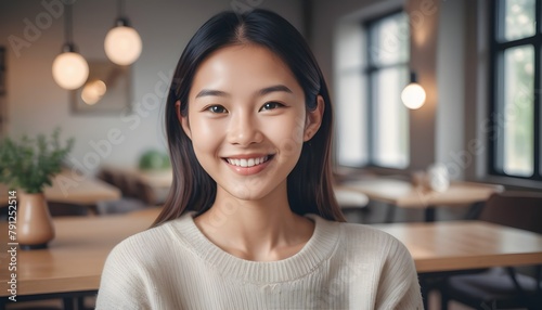 Portrait of a Cheerful Asian Japanese, Korean young woman, girl. close-up. smiling. at home, indoor. 
