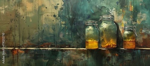 Three colorful glass jars filled with various liquids are displayed neatly on a wooden shelf in a kitchen