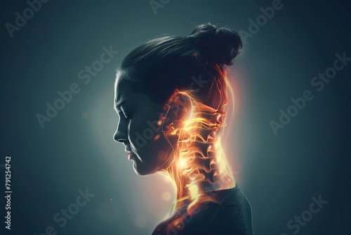 Pain in neck. Human neck pain, woman x-ray