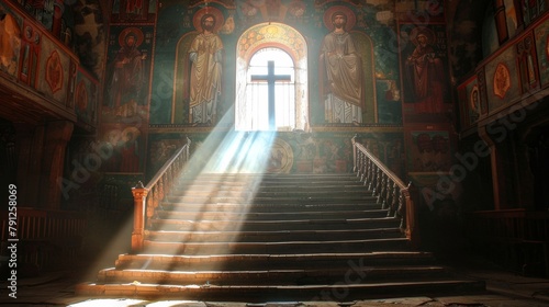 Orthodox Easter Serenity: Illuminated Cross in Slavic Church at Dawn