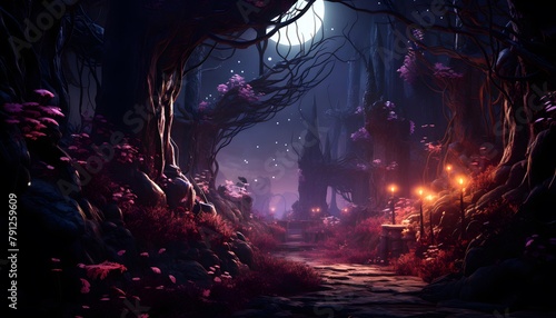 Scary halloween dark forest with fog, spooky horror scene, 3d render illustration