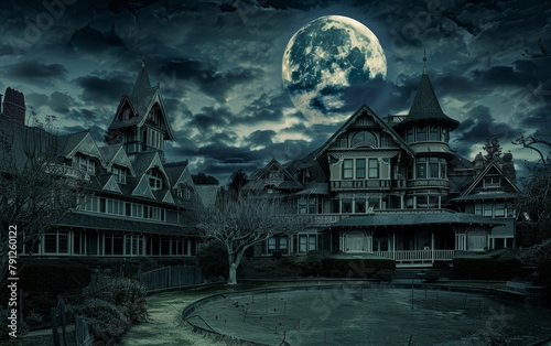 Eerie Full Moon Over Winchester Mystery House: Haunting Gothic Architecture