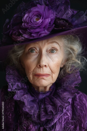 eccentric elderly woman wearing a hat and a purple scarf with a surprised expression