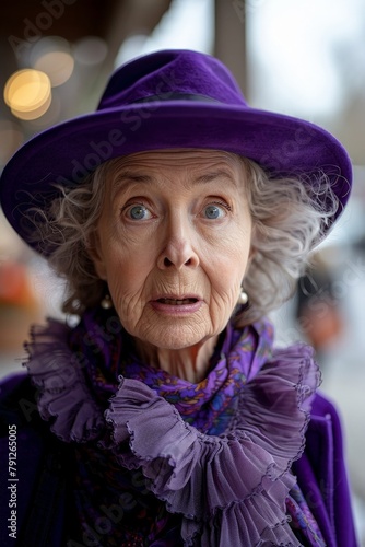 eccentric elderly woman wearing a hat and a purple scarf with a surprised expression