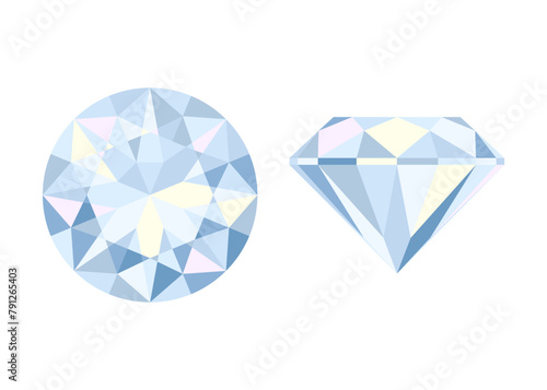 Round brilliant cut diamond top and side views. Colored flat icon. Vector illustration