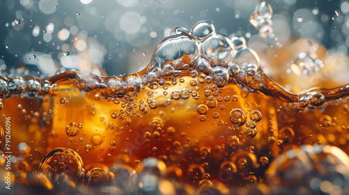 Macro Shot of Bubbles in Golden Carbonated Beverage. Close-up macro image capturing the effervescence of bubbles in a golden carbonated drink, with a backdrop of bokeh light.