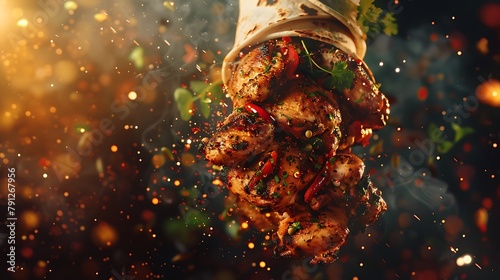 A tantalizing Arabic chicken shawarma, freshly grilled to perfection, topped with vibrant herbs and spices, hovering in mid-air, beckoning hungry onlookers