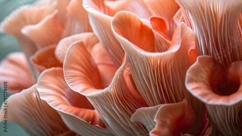 Close up of Red Oyster Mushrooms, showing the fine detail in their fins. Coral coloured