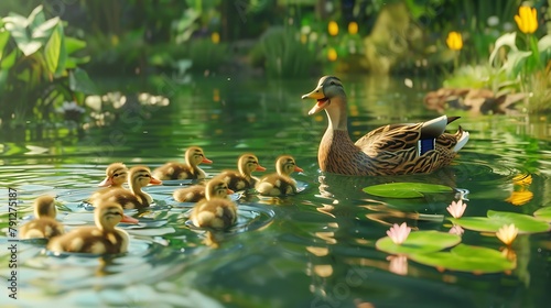 A family of ducks paddling serenely across a tranquil pond, their fluffy ducklings trailing behind